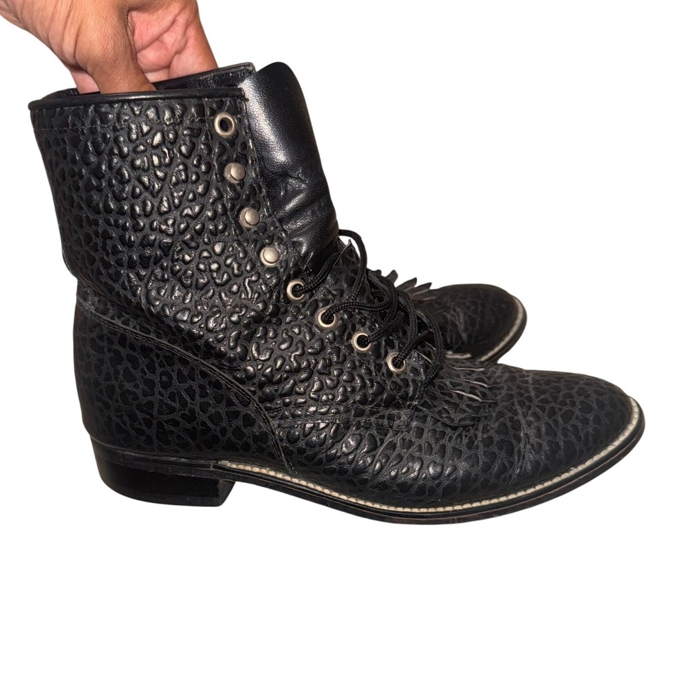 Justin Junior Mens Black Pebble Grain Leather Lace Up Packer Boots 5221 Size 6D - Picture 2 of 6